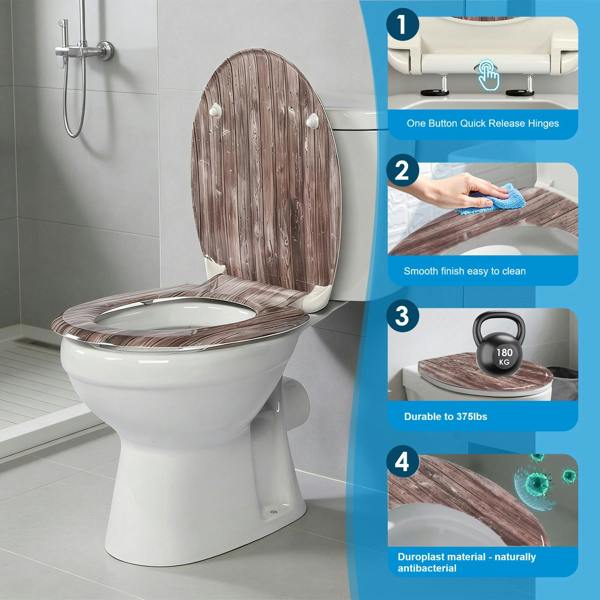 RTS Wood Plank Thermoplastic Top Fix Soft Close Quick Release Toilet Seat
