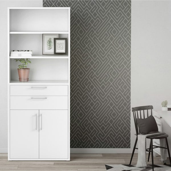 Furniture To Go Prima Bookcase 3 Shelves with 2 Drawers 2 Doors In White