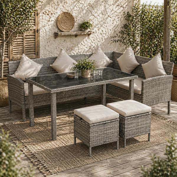 Wyld Haus Mora Rattan 7 Seater Outdoor Dining Set with Sofa 2 Footstools and Rectangular Table