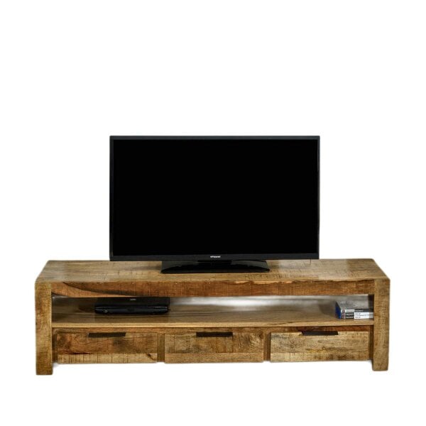 Wyld Haus London Natural Mango Wood Large TV Cabinet with 3 Drawers and 1 Shelf