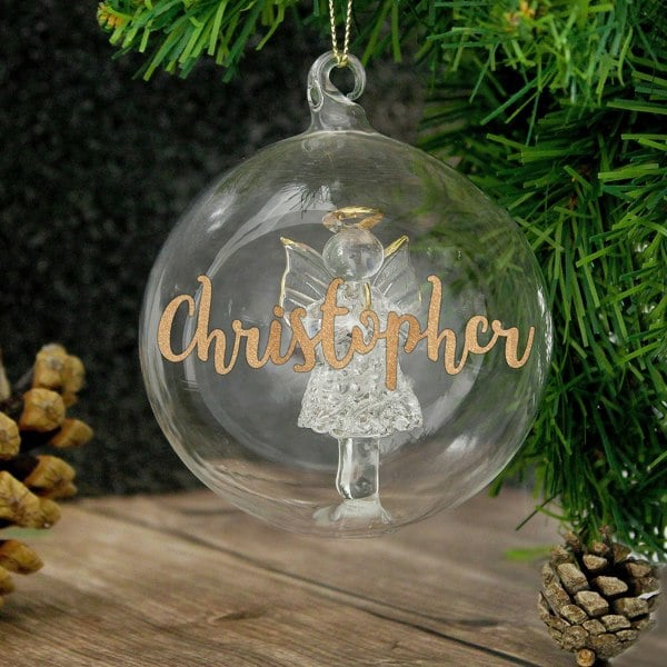 Personalised Memento Company Personalised Gold Glitter Name Only Angel Glass Bauble