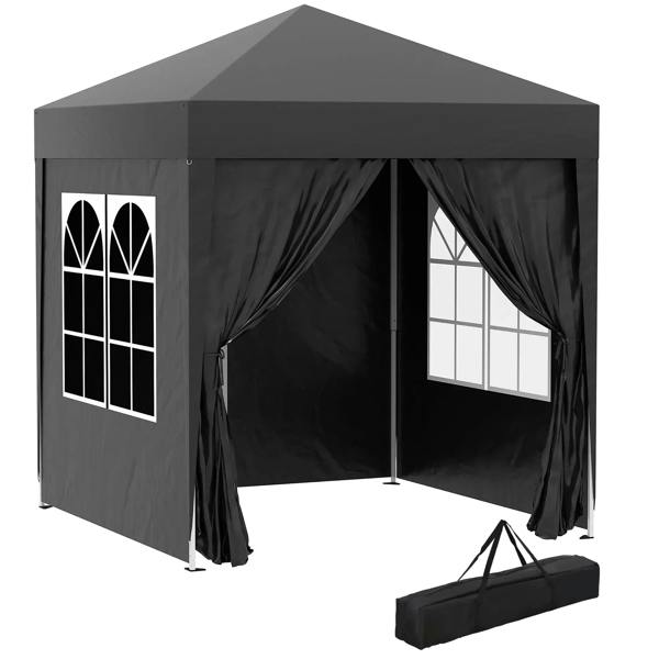 Black pop-up garden gazebo tent with side curtains and two arched window panels