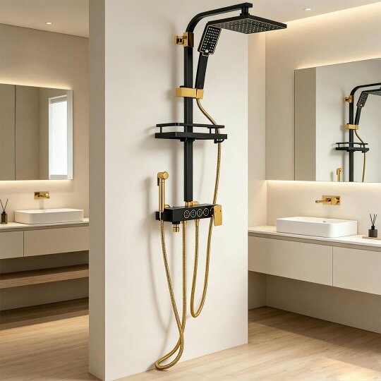 Havendro Exposed Shower mixer Taps Black Bathroom Twin Head Square Bar set Wall Mounted