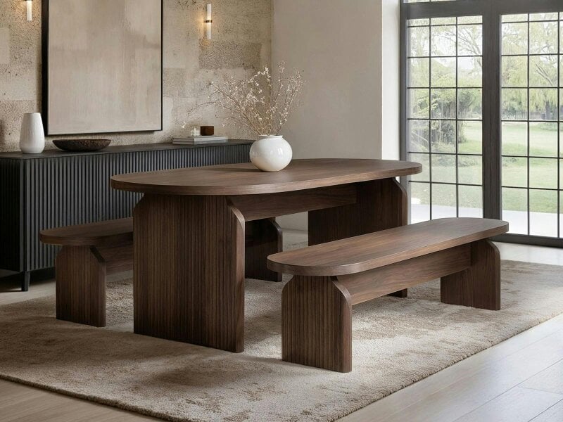 SOLACE+CO Varm Wooden Ribbed Dining Table With Bench Set Oak - Walnut