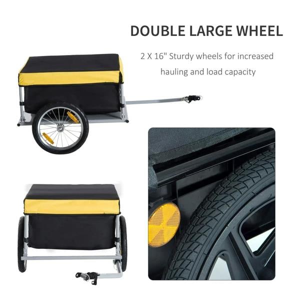 Two-wheel cargo trailer with double large wheels, yellow-and-black cover, gray metal frame