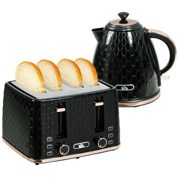 Black electric kettle and four-slice toaster set with control panel and toasted bread slots