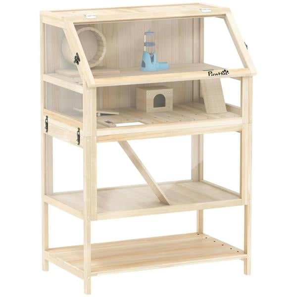 Natural wood hamster cage with storage shelf, ramps, and detachable lower floor