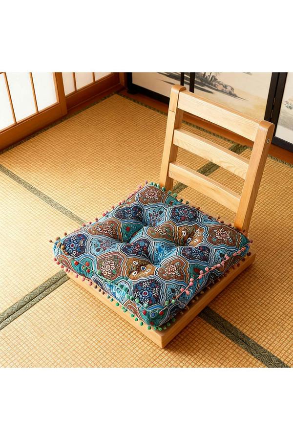 Living and Home Bohemian Patterned Pom-Pom Trimmed Seat Cushion