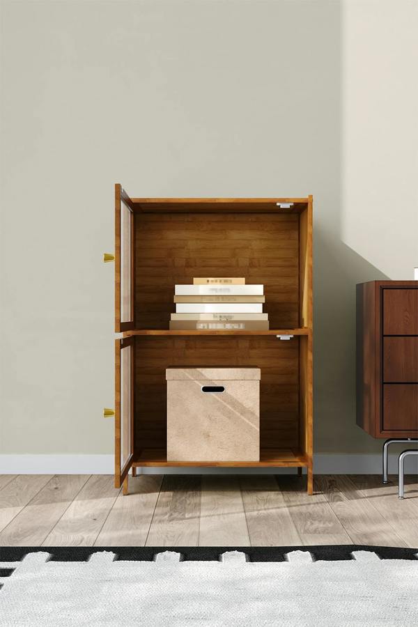 Living and Home Versatile 2-Tier Bamboo Storage Cabinet Bookcase Bookshelf Storage Rack w/ Doors