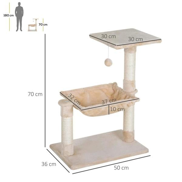 Beige cat activity tree with two platforms and center hammock bed on sisal posts