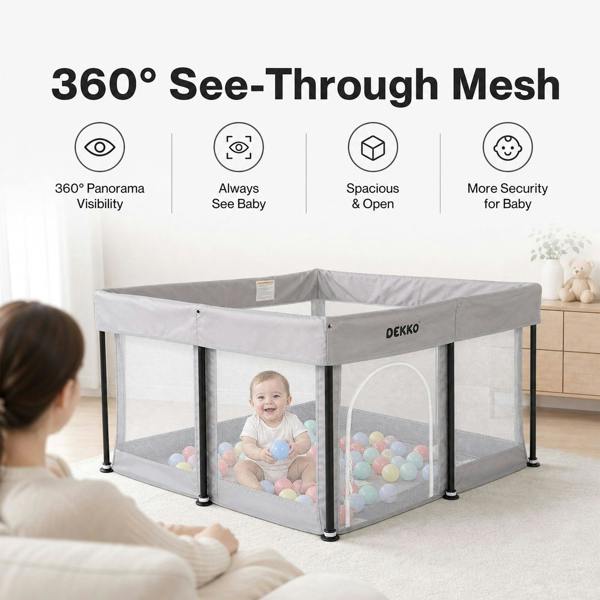Dekko Baby Playpen Foldable Playpen With Mat 50 Balls Easy Setup Indoor Grey