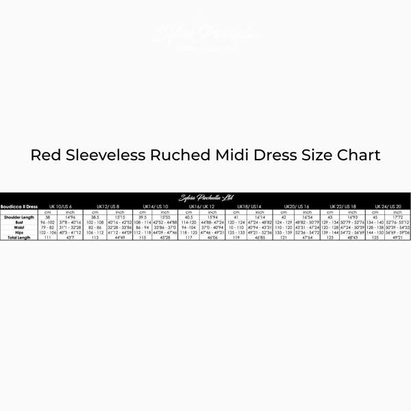 Red Sleeveless Ruched Midi Dress Size Chart
