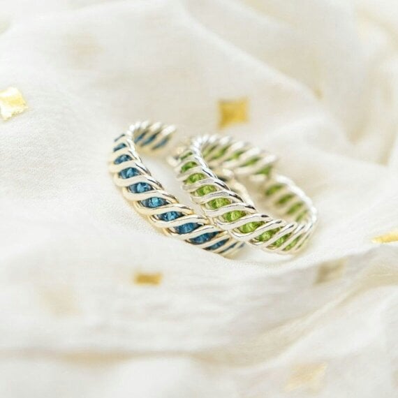 The Colourful Aura 925 Silver Green & Blue Link Chain Stacking Band Adjustable Ring