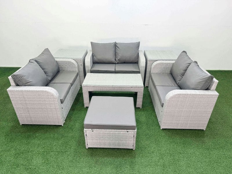 Fimous  7 Seater PE Wicker Rattan Furniture Sofa Sets with Oblong Coffee Table 2 Seater Love Sofa Big Footstool 2 Side Table Light Grey