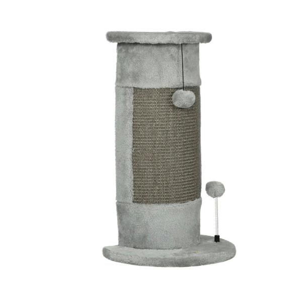 Grey cat scratching post with plush top and base, sisal rope cylinder, hanging ball and spring ball