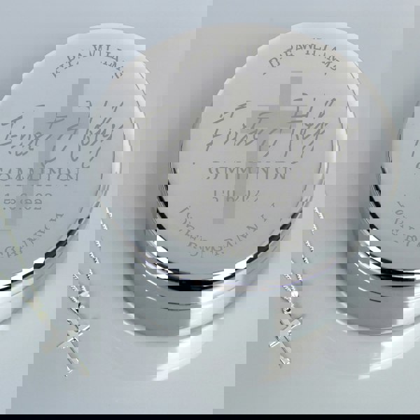Personalised Memento Company Personalised First Holy Communion Round Trinket Box & Cross Necklace Set