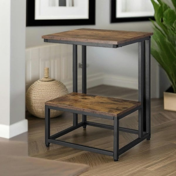 Rafaelo Mobilia Industrial Double Tier C Shaped Side Table Rustic Brown