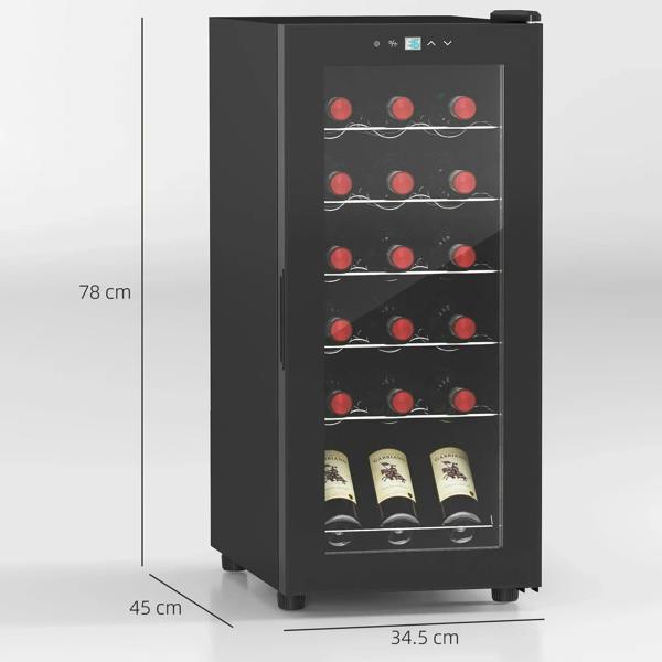 Black wine fridge front view with tinted glass door and red-lit interior shelves
