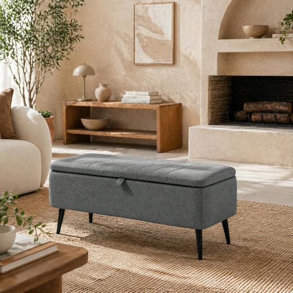 Wyld Haus Kala Fabric Grey Rectangular Storage Ottoman Bench With Flip Top And Steel Legs