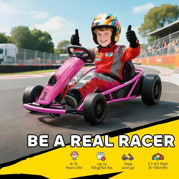 Pink kids electric go-kart with helmeted child in racing outfit, smiling and thumbs up
