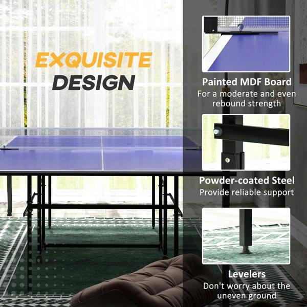 Blue table tennis playing surface with net and black steel support legs