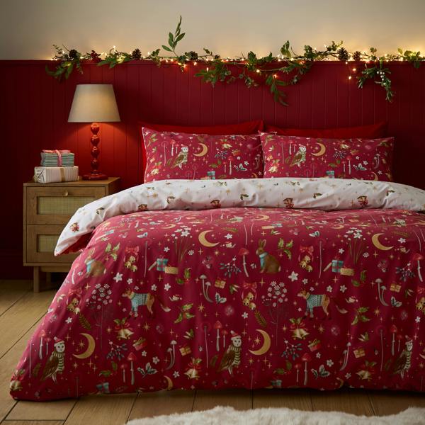 Catherine Lansfield Christmas Enchanted Twilight Reversible Duvet Cover Set Red