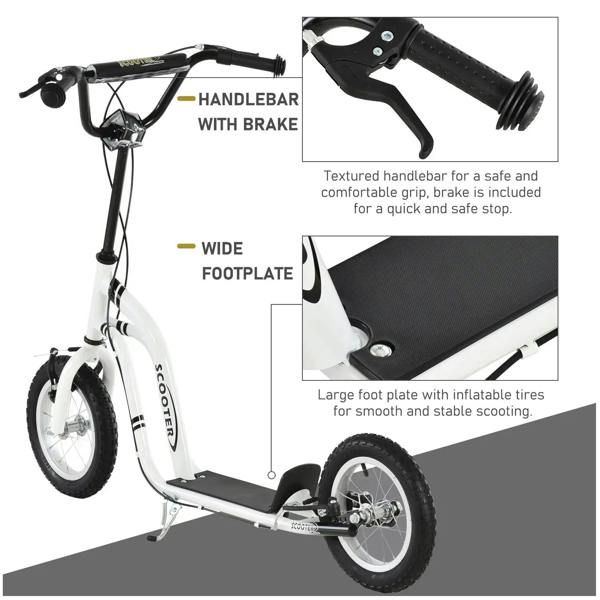 Kick scooter with U-shaped handlebar brake and wide black footplate on white frame