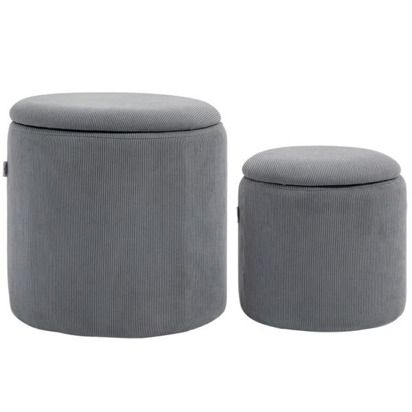 Set of two light grey corduroy storage ottomans with round padded lids