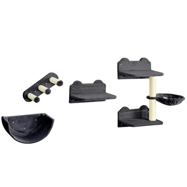 Dark grey wall-mounted cat shelf set with scratching post, hammock and nest platforms