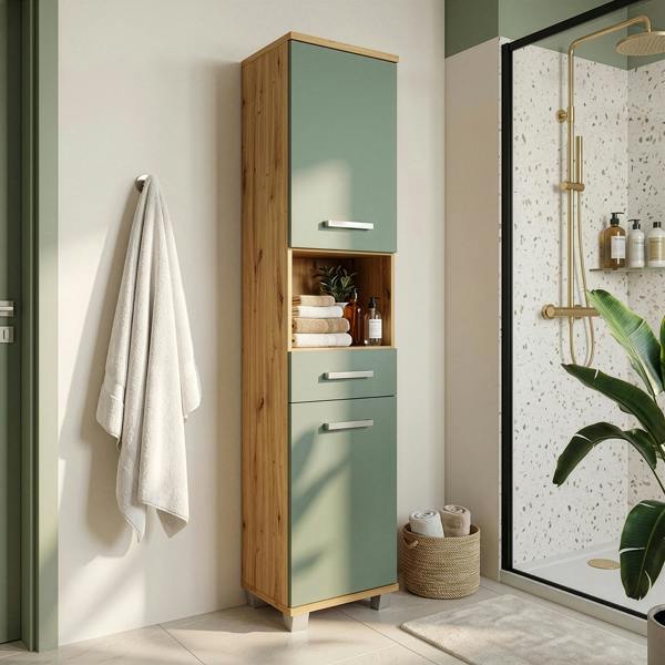 Furniture To Go Veris Tall Narrow Bathroom Cupboard with 2 Doors & 1 Drawer in Artisan Oak and Sage Green