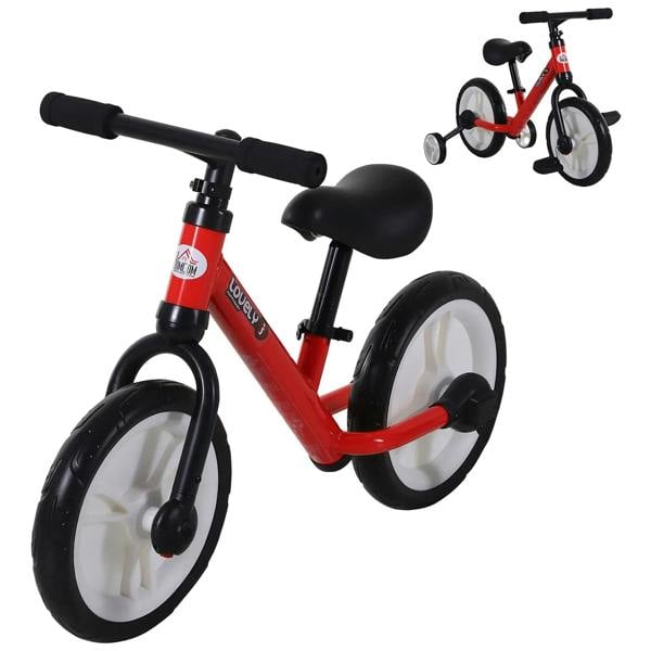 Red kids balance bike with black seat, handlebar grips, and white wheel rims
