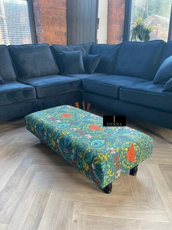 Made to order | Green Printed Fabric Multicolour Footstool Bench - ISTOOLS