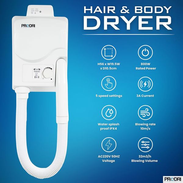 ProWashroom MYLEK Body & Hair Dryer Wall-Mounted Hair Dryer with Shaver Sockets 5 Heat Settings