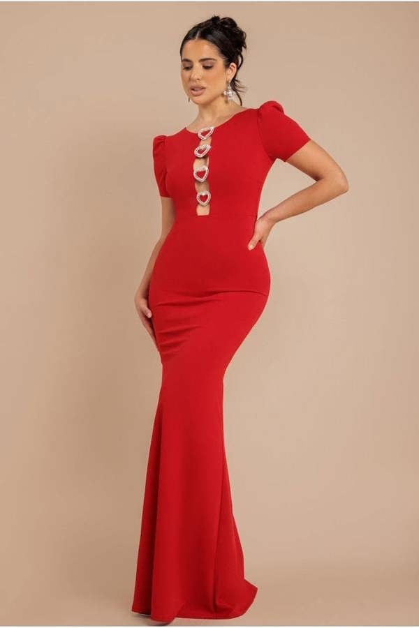 Diamante Embellished Heart Brooch Scuba Maxi Dress - Red DR4458