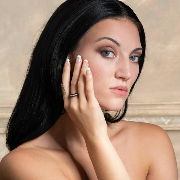 Skinny Sterling Silver Band Ring for Women with Red Cubic Zirconia Stones - namana.london