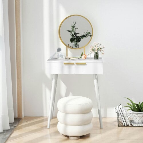 Wyld Haus Sovaha White Elegant Dressing Table With Round Mirror 60 x 40 x 123cm