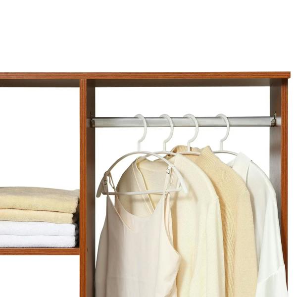 Walnut hanging rail with white and light-colored shirts on hooks