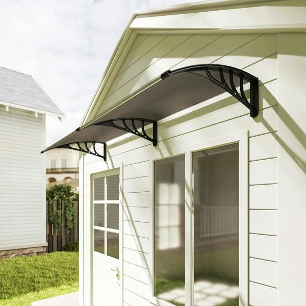 Brown front porch door canopy awning with black wall brackets and smoky panel