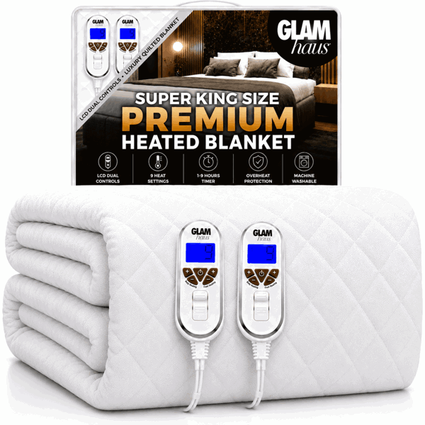 GlamHaus Super King Electric Blanket - Fitted Mattress Bed Cover - White Diamond Quilted - Settings for Feet and Body, Timer