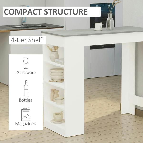 White bar-height table with grey top and built-in 4-tier shelf for storage