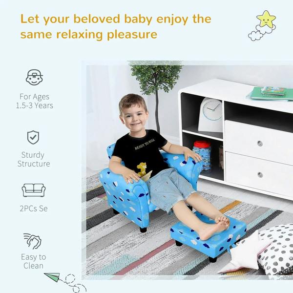 Blue kids armchair with cloud-and-star pattern, wide armrests and padded seat