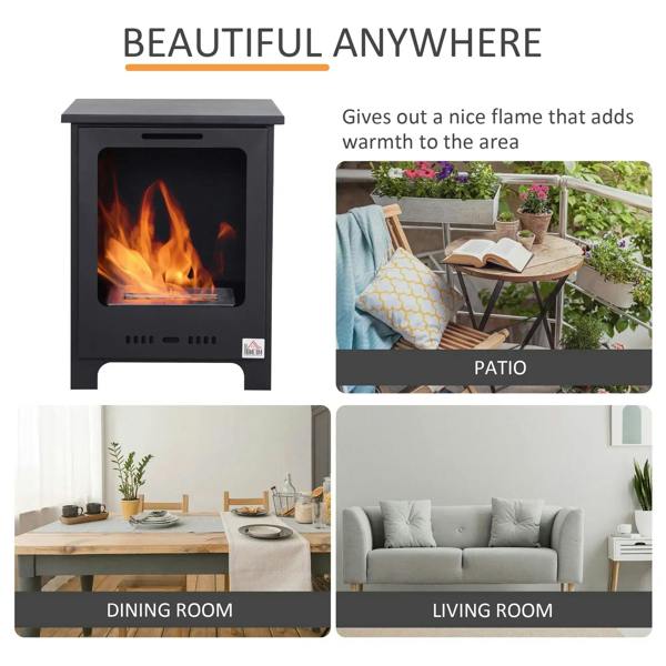 Black freestanding ethanol fireplace with burning flame for indoor settings