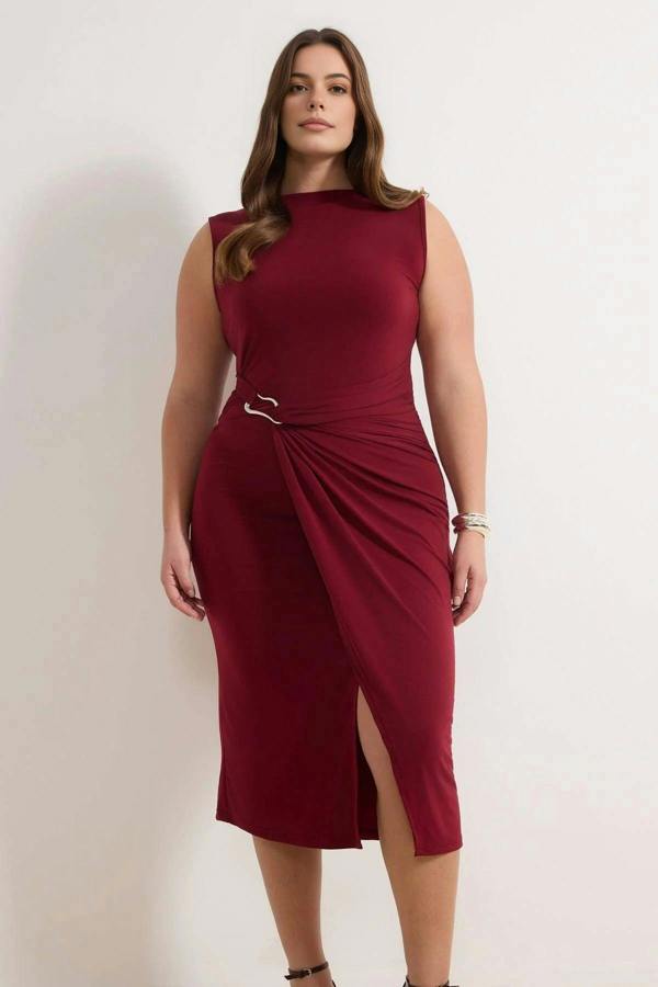 WOVCOR Bodycon Midi Accessory Detail Knitted Plus Size Dress