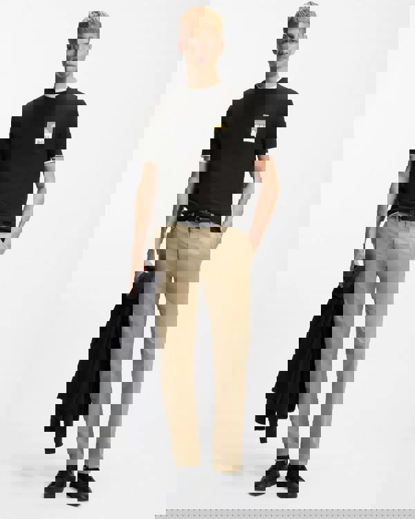 Model wearing BOSS Orange TePlain Mens Cotton-Jersey T-Shirt with Logo Artwork in Black 001 - Full length