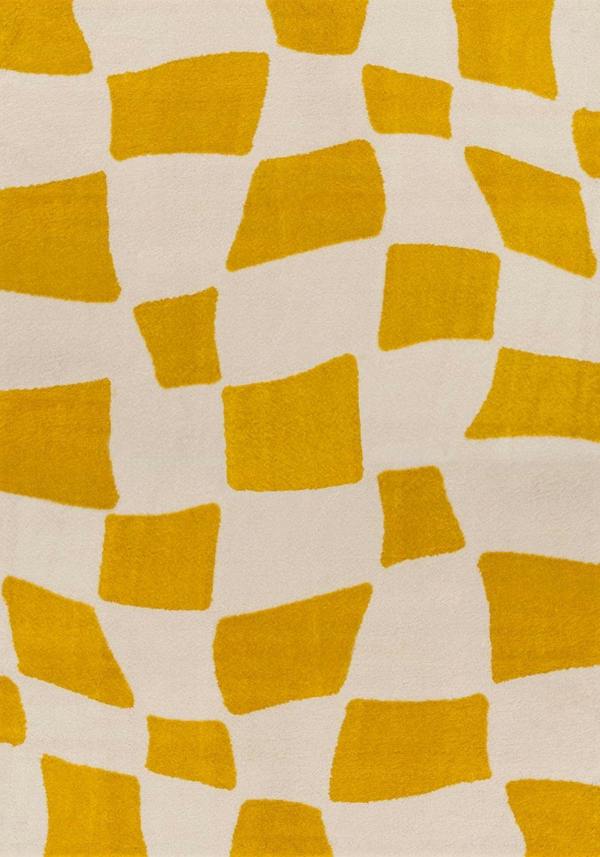 Patterned fabric with yellow geometric shapes on a beige background
