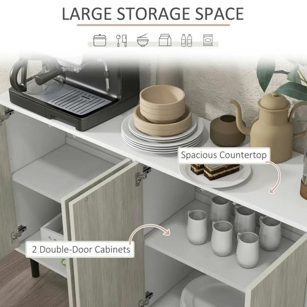 Sideboard cabinet with two open lower shelves and two door fronts, countertop storage