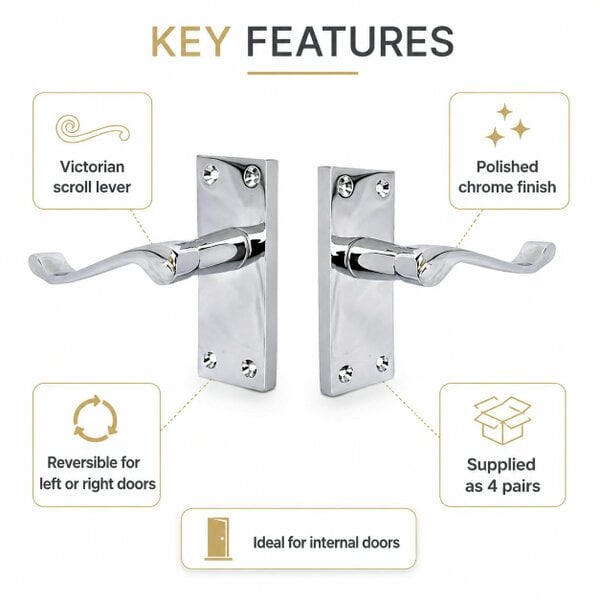 EDH Door Hardware Polished Chrome Victorian Scroll Door Handles – Handle Only or Handle + Tubular Latch – 118mm x 42mm