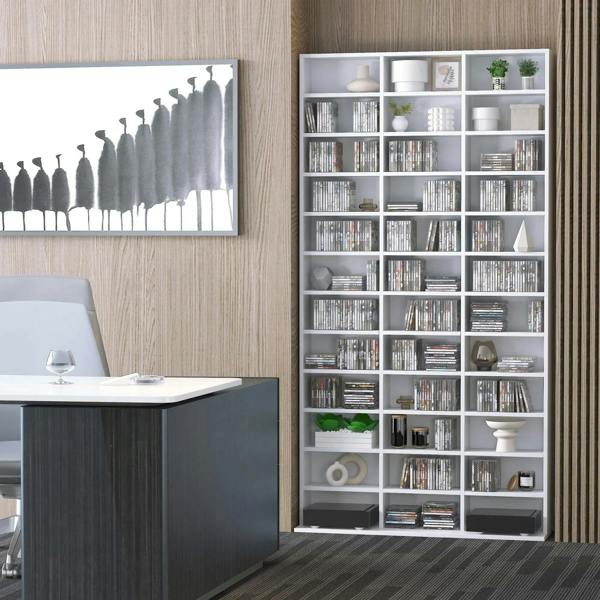 White storage cabinet with open compartments and evenly spaced shelves