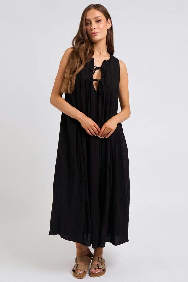 Urban Bliss Tie Front Linen-Blend Pleated Maxi Dress