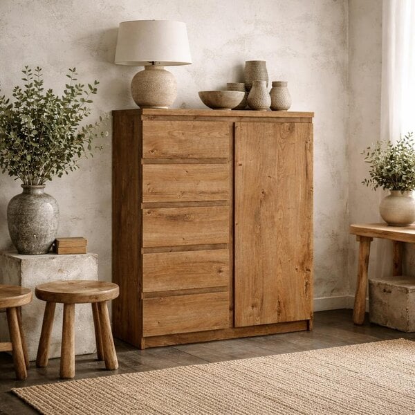 Wyld Haus Hemingway Natural Oak Wood Storage Chest 1 Door 5 Drawer